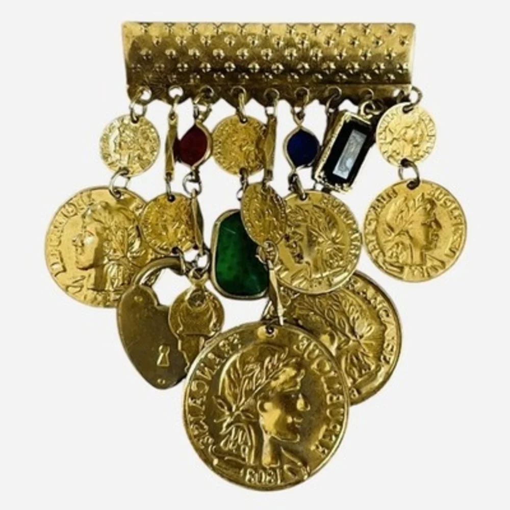 Vintage Gold Tone French Republic Coin Charm Brooch Multi Crystal Statement 3.5